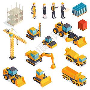 等距結(jié)構(gòu)集與孤立圖像的橙色車(chē)輛,建筑機(jī)械材料,人類(lèi)特征的建設(shè)者矢量